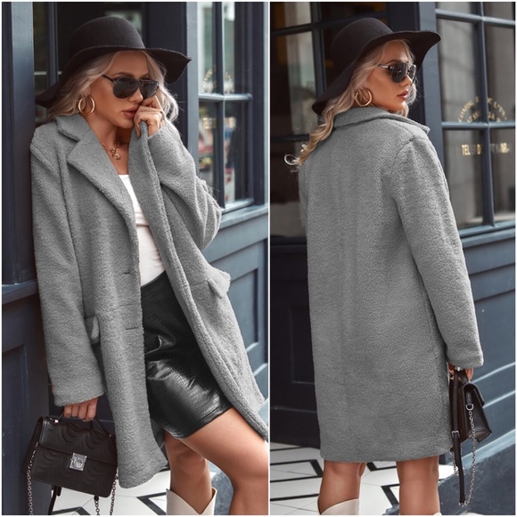 Cozy Grey collar button teddy trench pea coat jacket - Picture 6 of 6